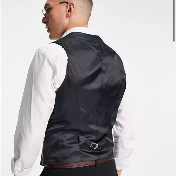 ASOS DESIGN skinny suit vest with window check in burgundy - Picture 3 of 7